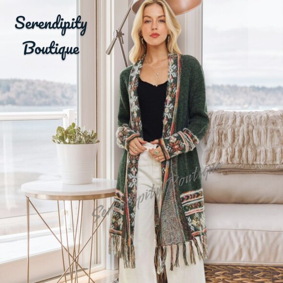 Jade Green Tribal Print Jacquard Knit Fringe Comfy Long Sweater Duster Cardigan - Picture 5 of 9